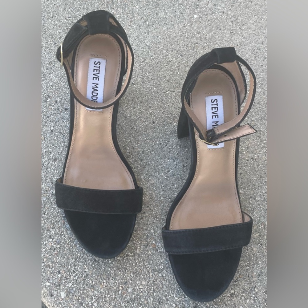 STEVE MADDEN CARRSON ANKLE STRAP BLACK HEELED SANDALS SIZE 7 UPPER LEATHER - Picture 3 of 8
